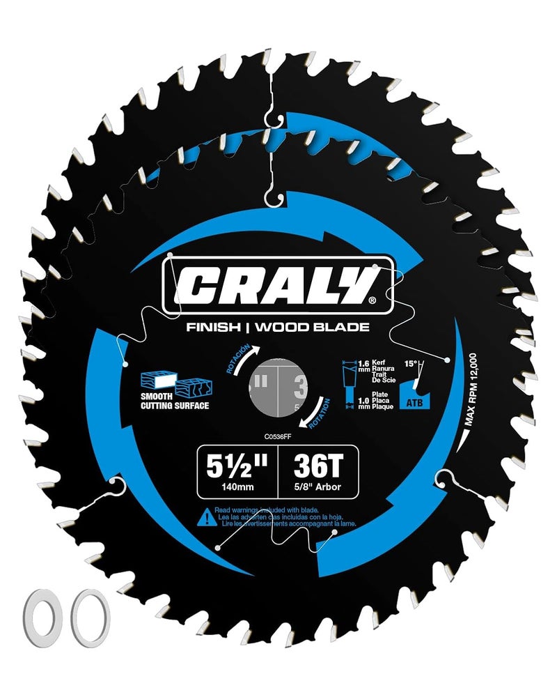 CRALY 5-1/2 Inch 36 Teeth Fine Finish Wood Cutting Circular Saw Blade, 5/8 Inch Arbor, Carbide Tipped, Thin Kerf, Black Ice™ Coating, for Plywood, MDF, OSB, Laminated, 2-Pack(C0536FF-2) - Image 1